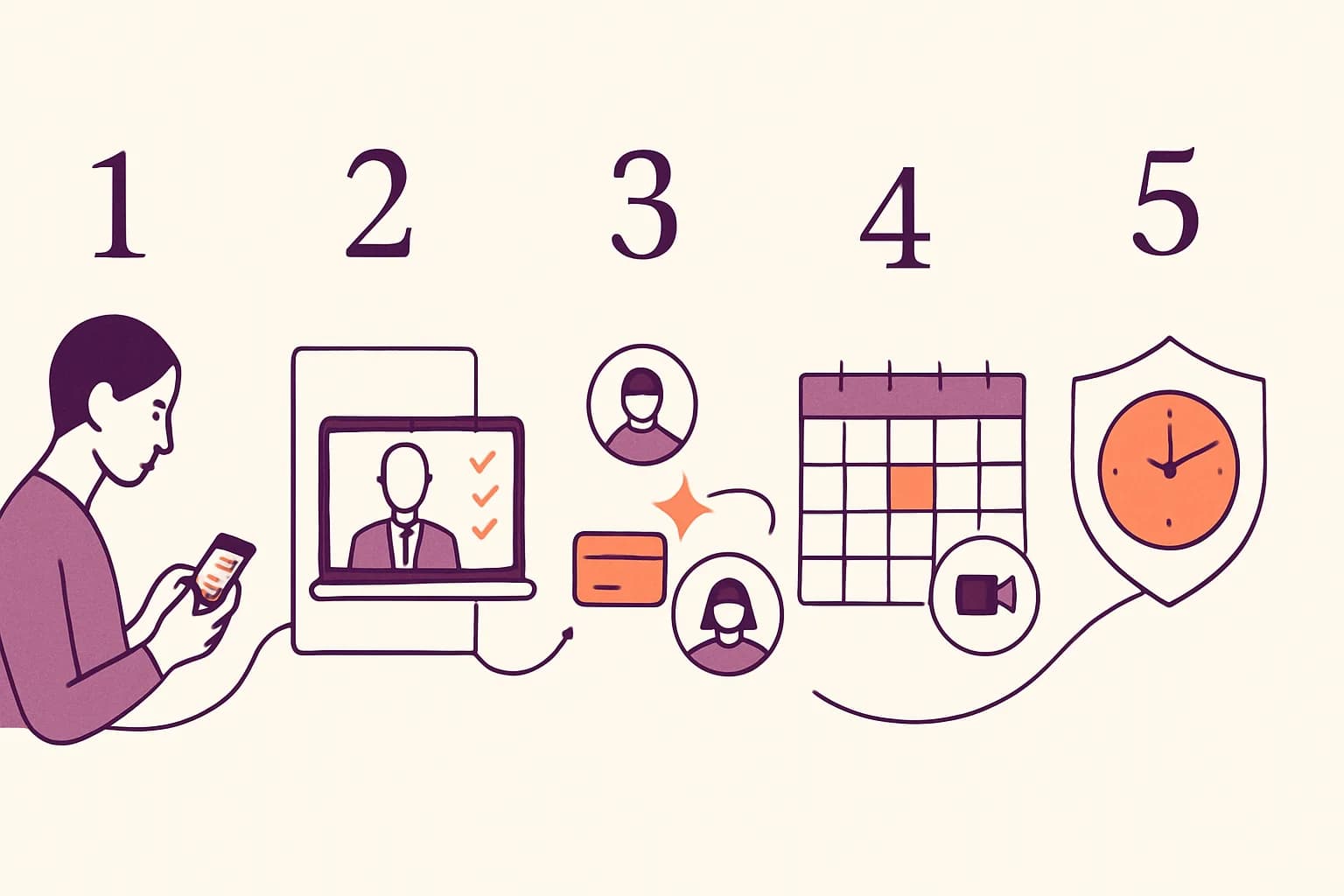 Parcours d'un RDV qualifié en cinq étapes : le prospect fait sa demande, passe un rendez-vous de qualification en visio avec un conseiller de l'équipe, est attribué instantanément au bon CGP, le rendez-vous se pose dans l'agenda avec le lien de visio, et un no-show est re-crédité sous 24 h.